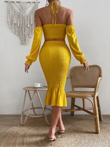 SHEIN Holidaya Tie Backless Shirred Detail Crop Top & Ruffle Hem Skirt - Yellow - View 2