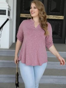 AAmilife Plus Notched Neckline Roll Tab Sleeve Tee - Dusty Pink - View 5