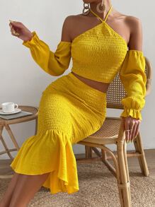 SHEIN Holidaya Tie Backless Shirred Detail Crop Top & Ruffle Hem Skirt - Yellow - View 4