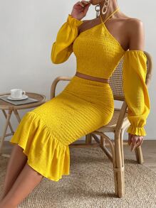 SHEIN Holidaya Tie Backless Shirred Detail Crop Top & Ruffle Hem Skirt - Yellow - View 5