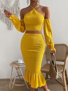 SHEIN Holidaya Tie Backless Shirred Detail Crop Top & Ruffle Hem Skirt - Yellow - View 6