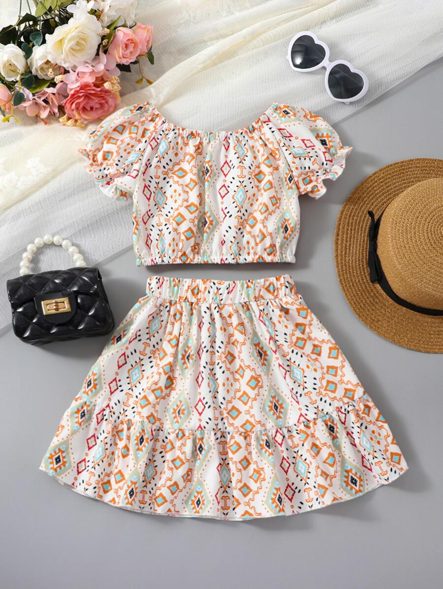 小女童幾何印花泡泡袖上衣和荷葉邊半身裙 - 彩色 - 查看 1