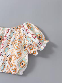 小女童幾何印花泡泡袖上衣和荷葉邊半身裙 - 彩色 - 查看 3