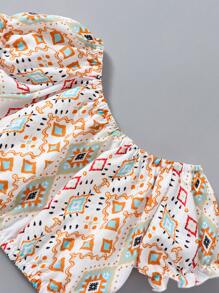 小女童幾何印花泡泡袖上衣和荷葉邊半身裙 - 彩色 - 查看 5