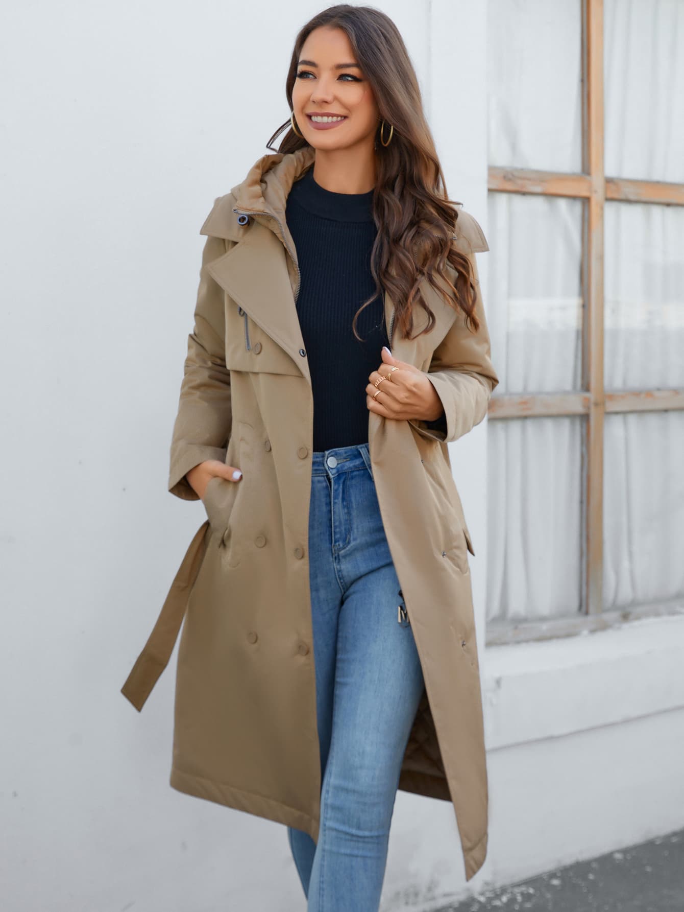 GASMAN Double Breasted Belted Trench Coat - Khaki - View 1