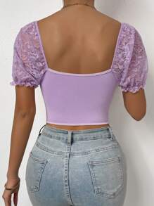 SHEIN Privé Sweetheart Neck Puff Sleeve Lace Top - Purple - View 2