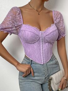 SHEIN Privé Sweetheart Neck Puff Sleeve Lace Top - Purple - View 4