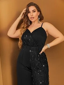 Glamaker Plus Contrast Sequin Cami Jumpsuit - Black - View 6