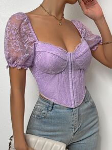 SHEIN Privé Sweetheart Neck Puff Sleeve Lace Top - Purple - View 6