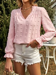 SHEIN Privé Swiss Dot Flounce Sleeve Blouse - Pink - View 3