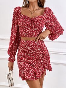 SHEIN Frenchy Bộ đồ hai mảnh nữ Dây kéo Thắt nút Viên lá sen Họa tiết hoa Boho - Nhiều màu - Xem 2