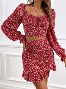 SHEIN Frenchy Bộ đồ hai mảnh nữ Dây kéo Thắt nút Viên lá sen Họa tiết hoa Boho - Nhiều màu - Xem 4