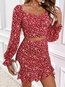 SHEIN Frenchy Bộ đồ hai mảnh nữ Dây kéo Thắt nút Viên lá sen Họa tiết hoa Boho - Nhiều màu - Xem 5