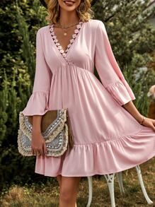 SHEIN VCAY Vestido panel con encaje de manga con volante bajo con fruncido - Rosa Pálido - Ver 1