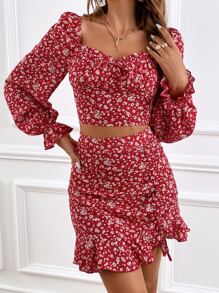 SHEIN Frenchy Bộ đồ hai mảnh nữ Dây kéo Thắt nút Viên lá sen Họa tiết hoa Boho - Nhiều màu - Xem 6