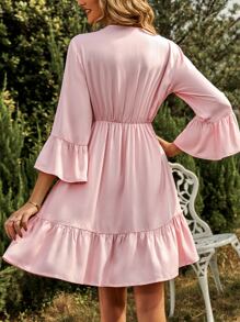 SHEIN VCAY Vestido panel con encaje de manga con volante bajo con fruncido - Rosa Pálido - Ver 2