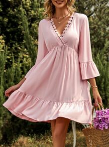 SHEIN VCAY Vestido panel con encaje de manga con volante bajo con fruncido - Rosa Pálido - Ver 5