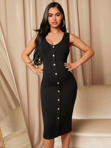 SHEIN Maternity Single Breasted Bodycon Dress - Black - View 5