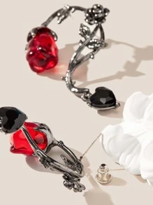 花朵形狀水鑽心形耳墜 - 彩色 - 查看 2