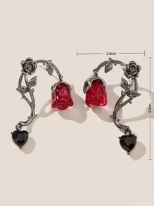 花朵形狀水鑽心形耳墜 - 彩色 - 查看 3