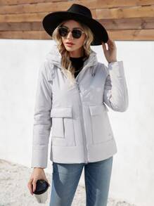 HaiLuoZi Flap Pocket Drawstring Hooded Padded Coat - Light Grey - View 1