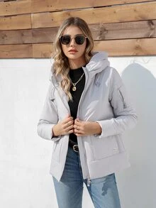 HaiLuoZi Flap Pocket Drawstring Hooded Padded Coat - Light Grey - View 3