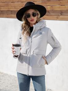 HaiLuoZi Flap Pocket Drawstring Hooded Padded Coat - Light Grey - View 4