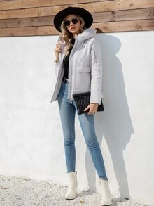 HaiLuoZi Flap Pocket Drawstring Hooded Padded Coat - Light Grey - View 5