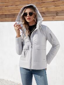 HaiLuoZi Flap Pocket Drawstring Hooded Padded Coat - Light Grey - View 6