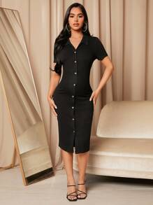 SHEIN Maternity Button Front Dress - Black - View 3