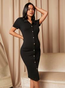 SHEIN Maternity Button Front Dress - Black - View 1