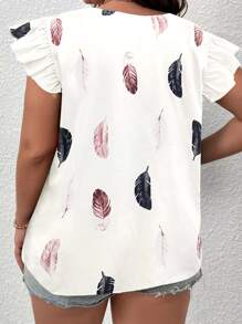 SHEIN LUNE Plus Feather Print Contrast Guipure Lace Butterfly Sleeve Blouse - White - View 2