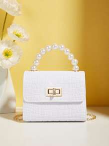 Girls Crocodile Embossed Faux Pearl Decor Shoulder Bag - White - View 1
