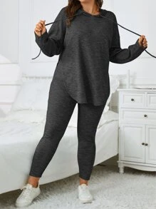 SHEIN Essnce Bộ thời trang Plus Size Dây kéo Chia màu trơn Giải trí - Màu xám đen - Xem 1