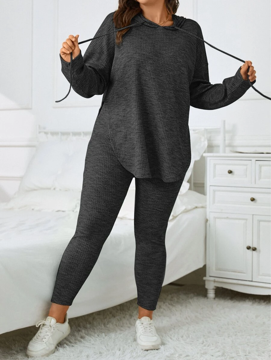 SHEIN Essnce Bộ thời trang Plus Size Dây kéo Chia màu trơn Giải trí - Màu xám đen - Xem 1