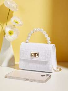 Girls Crocodile Embossed Faux Pearl Decor Shoulder Bag - White - View 2