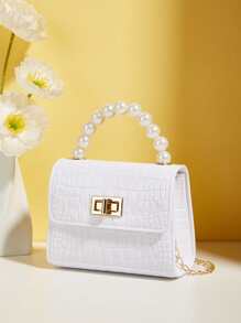 Girls Crocodile Embossed Faux Pearl Decor Shoulder Bag - White - View 3