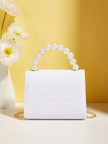 Girls Crocodile Embossed Faux Pearl Decor Shoulder Bag - White - View 4