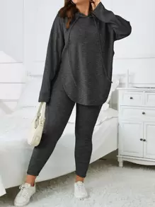 SHEIN Essnce Bộ thời trang Plus Size Dây kéo Chia màu trơn Giải trí - Màu xám đen - Xem 3