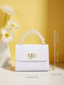 Girls Crocodile Embossed Faux Pearl Decor Shoulder Bag - White - View 5
