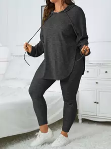 SHEIN Essnce Bộ thời trang Plus Size Dây kéo Chia màu trơn Giải trí - Màu xám đen - Xem 4