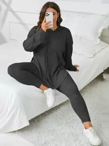 SHEIN Essnce Bộ thời trang Plus Size Dây kéo Chia màu trơn Giải trí - Màu xám đen - Xem 5