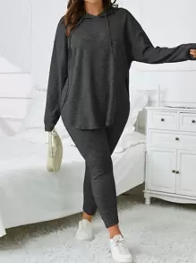 SHEIN Essnce Bộ thời trang Plus Size Dây kéo Chia màu trơn Giải trí - Màu xám đen - Xem 6