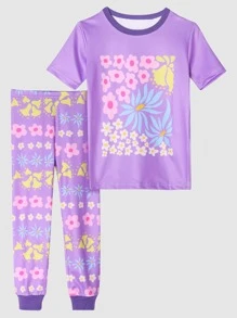 Girls Floral Print Snug Fit PJ Set - Lilac Purple - View 1