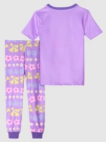 Girls Floral Print Snug Fit PJ Set - Lilac Purple - View 2