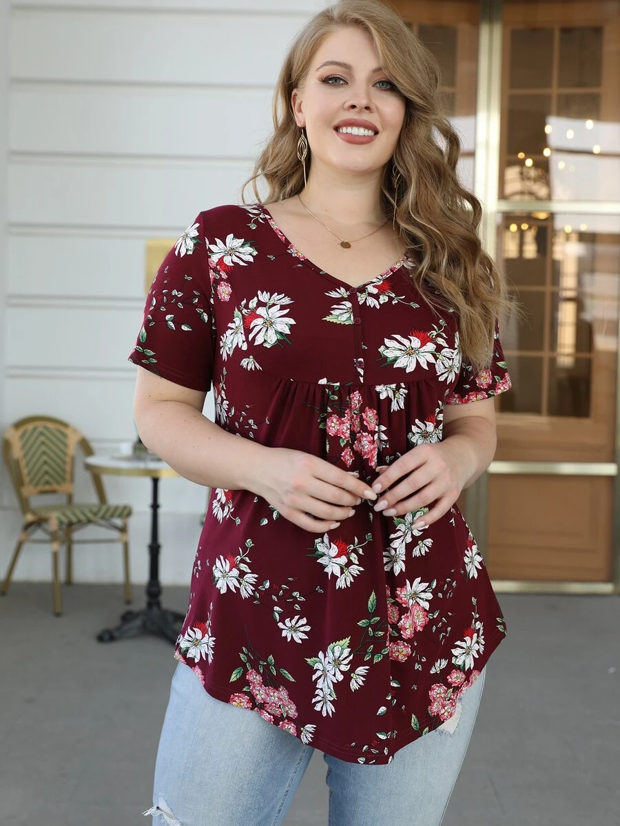 AAmilife Camiseta de verano con estampado floral y bajo curvo para tallas grandes - Burdeos - Ver 1