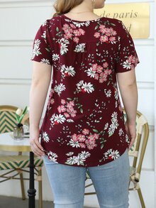 AAmilife Camiseta de verano con estampado floral y bajo curvo para tallas grandes - Burdeos - Ver 2