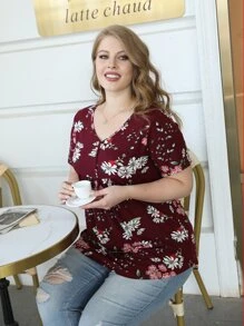 AAmilife Camiseta de verano con estampado floral y bajo curvo para tallas grandes - Burdeos - Ver 4