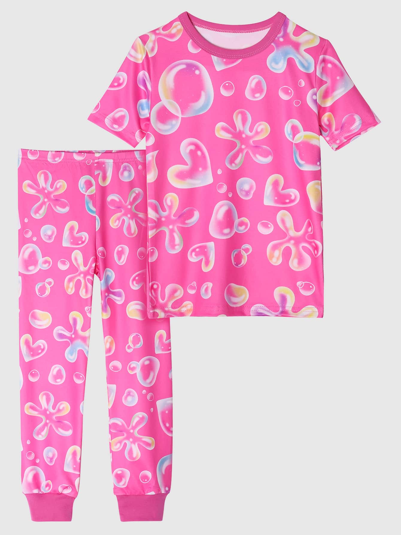 Girls Bubbles Print Snug Fit PJ Set - Pink - View 1