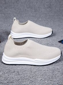 Men Knit Detail Slip On Running Shoes - Beige - View 6